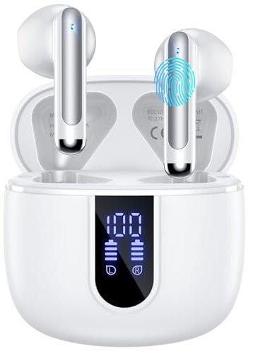Auriculares Bluetooth Inalámbricos, Auriculares Bluetooth 5.3 Hi-Fi Estéreo, 40 Horas de Reproducción y Pantalla LED, Smart Touch IP7 Auriculares Bluetooth Impermeables para iOS y Android, Blanco