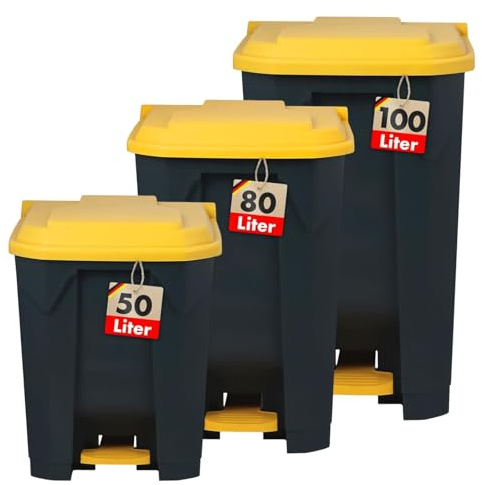 casa pura Mülltonne, Mülleimer 50 Liter, gelber Deckel, Abfalleimer für Küche und Büro, Mülltrennsystem, Tretmülleimer mit Step-On-Mechanismus, Papierkorb Olaf