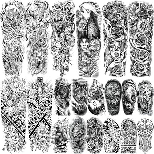 Tatuaggi temporanei da donna e uomo, 20 fogli a maniche piene, tatuaggi adesivi temporanei per adulti, lupo teschio, pace rosa, fiore finto tatuaggio da incollare da donna, manica nera maori croce