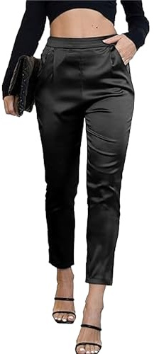 Pantaloni da Donna in Raso, Casual, a Pieghe, a Vita Alta, Eleganti, con Tasche, Pantaloni alla Moda Estivi 2025