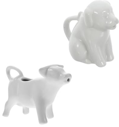 NAMOARLY Animal Shape Ceramic Creamer Milk Jug Set, 2pcs Hand-Painted White Dog Cow 40ml Milk Pitchers with Handle for Serving and Sauce Use