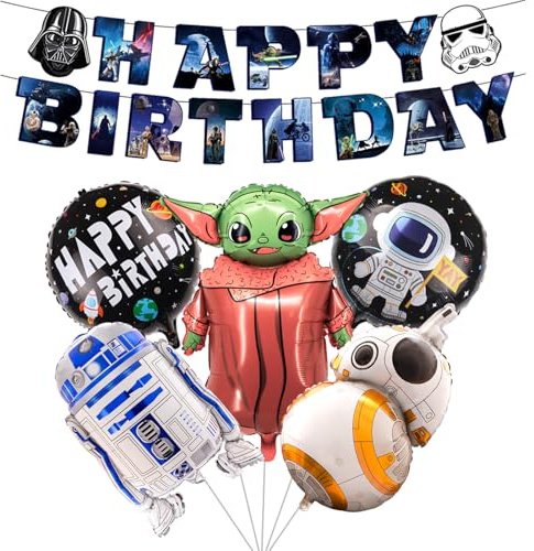 6 Stück Star Krieg Geburtstagsdeko Set, Cartoon Kindergeburtstag Deko, Yoda Folienballon Geburtstag Dekoration Set für Kinder Jungen Mädchen War Themenpartys Dekorationen
