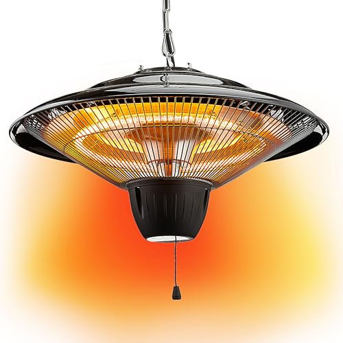 Stufa da soffitto, a forma di fungo alogeno, da appendere, Ø 42 cm, 1500 Watt, 2 livelli di riscaldamento, catena inclusa