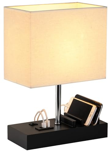 Dreamholder Tischlampe mit 3 USB A+C Anschlüssen, 3 Telefonständer, Moderne USB Nachttischlampe für Schlafzimmer, Wohnzimmer, Büro, Nachttischlampe mit Schwarzerholzsockel & Stoffschirm