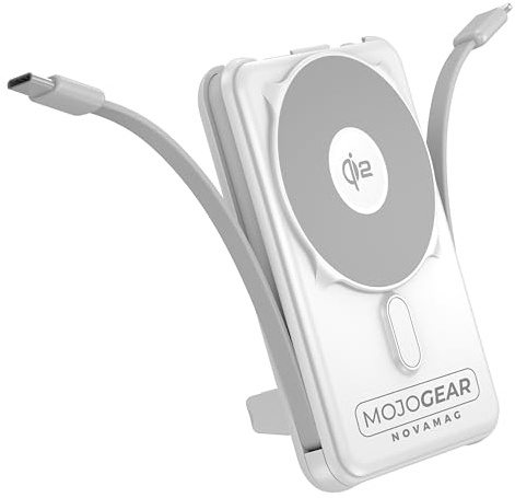 MOJOGEAR NovaMag Batterie externe tout-en-1 10 000 mAh – Charge sans fil Qi2 super rapide – Avec câble USB-C et Lightning – Compatible avec iPhone et Samsung – Batterie externe Mag Safe – Affichage