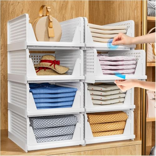 Livhome 4 Pack Foldable Storage Baskets, Stackable Closet Organizer, Clothes Storage Boxes, Wardrobe and Shelf Organiser, Bedroom, Bathroom, and Closet Storage Solution for Towel and Handbag Storage