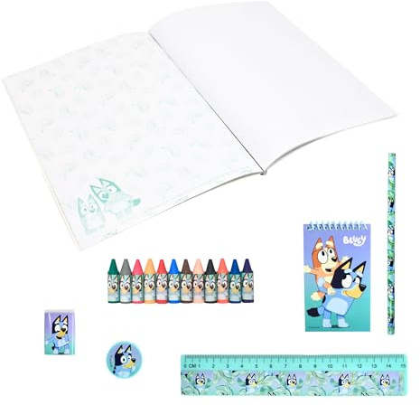 Bluey Juego de Papelería, Incluye Cuaderno Lapiz Regla Sacapuntas Borrador y 12 Lapices Ceras de Colorear, Regalo Set de Papeleria para Niños