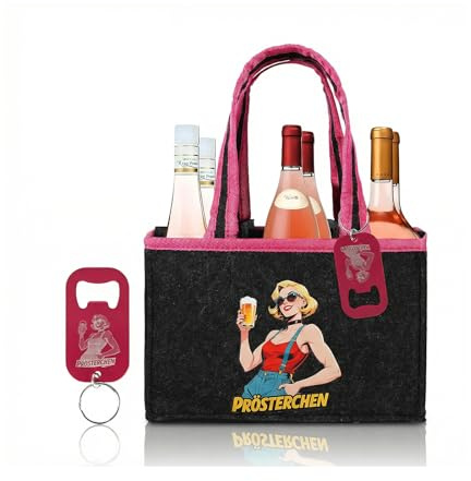 Geschenke für Frauen – Geburtstagsgeschenk Frau – Witzige Flaschentasche für Mädelsabend mit Karte, Umschlag & Flaschenöffner – Tragetasche für 6 Bierflaschen, wiederverwendbar, PRÖSTERCHEN