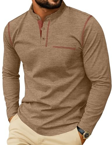 PrinStory långärmad tröja herr Henley t-shirt bomull rund hals pullover casual toppar för män, Mörker kaki, 3XL