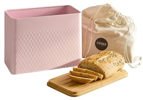 Cooks Professional Bread Bin with Linen Bag & Bamboo Cutting Board Lid | Modern & Stylish Diamond Pattern | Breathable Rectangular Countertop Food Storage Canister for Loaves, Rolls, Pastries | Pink