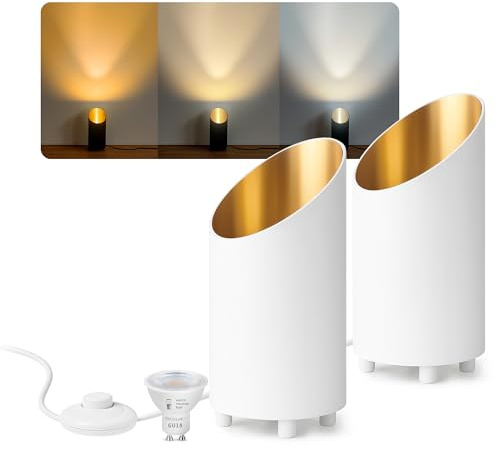 SSC-LUXon AUREVA Bodenlampe 2er Set weiß-gold GU10 3 Lichtfarben inkl LED | Zwei Uplight-Bodenspots weiß-gold - warm / neutral / kalt per Schalter, mit Fußschalter, für Wohn- & Schlafzimmer, inkl. LED