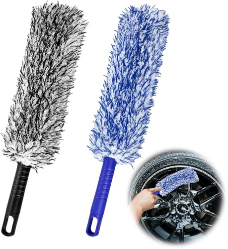 YUFFQOPC 2 Stück Microfaser Felgenbürste - Biegsam Felgen Bürste | Ergonomischer Griff Felgenreiniger Bürste,Felgenbürste Auto für Schonende Reinigung Verschiedene Felgentypen (Blau, Schwarz)