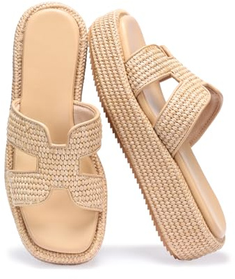 Monrovia Raffia Platform Sandals for Women Slip-On Espadrille Wedges Slides, Flatform Woven Straw Summer Vacation Beach Shoes Natural Tan Size 10