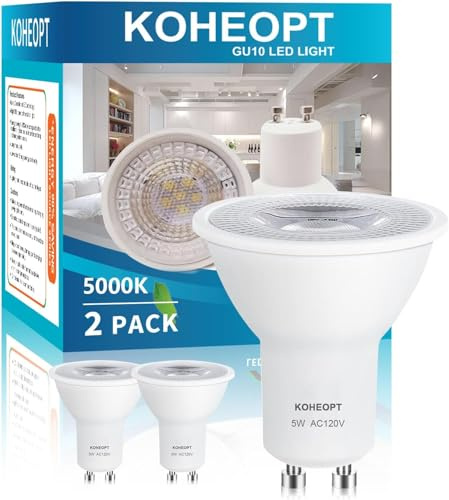 KOHEOPT GU10 LED Light Bulb 5W, (2 Pack) 5000K Dimmable Daylight White,500LM Replacement for Track Lighting, 50W Equivalent Spot Light Bulbs, for Living Room, Kitchen Range Hood, Bathroom