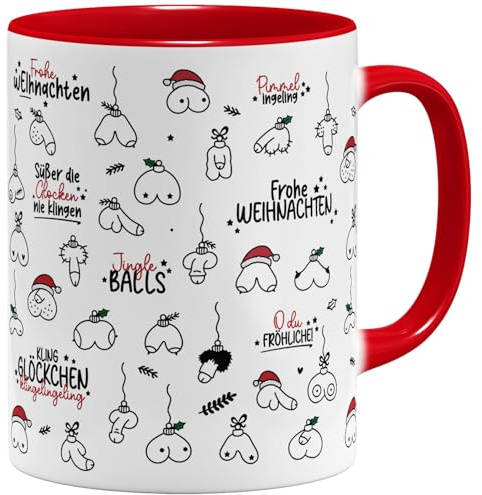 OM3® Lustige Jingle Balls Weihnachts Kaffee-Tasse mit Penisse - Pimmel Tasse Penis-Muster Doodle - Keramik Becher - 325ml - Beidseitig Bedruckt - Rot