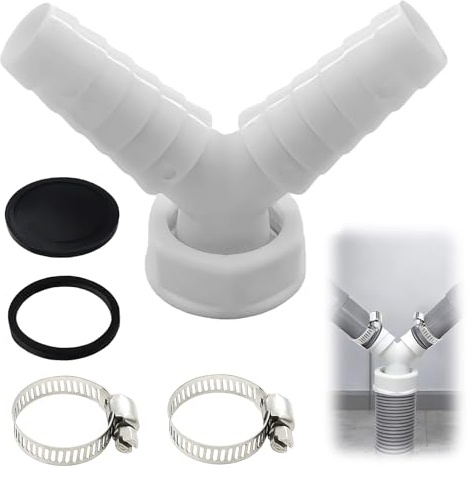 Washing Machine Waste Splitter Y Connector with 2 Hose Clamps, Universal Drain Pipe Adapter for Dishwasher and Washing Machine, 19–24 mm Double Outlet Y Fitting for Waste Hose Connection