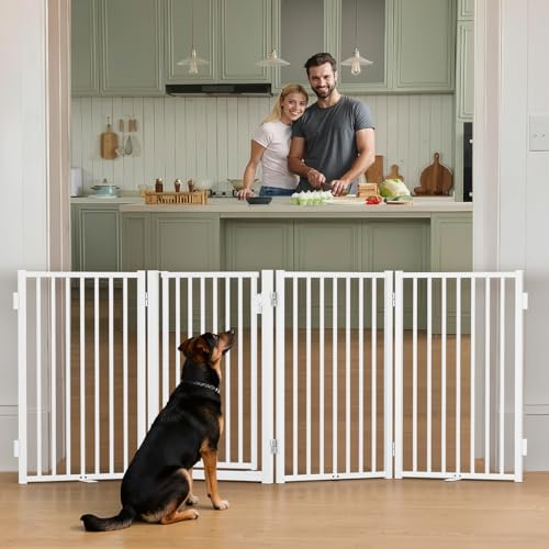 COMOMY Metall Hundegitter Freistehend mit Tür, 203cm Extra Breit Absperrgitter Hund Wohnung, 81cm Hoch Welpengitter Faltbar für Treppe Tür Flur, 4 Paneele Schutzgitter Innen & Außen, Weiß
