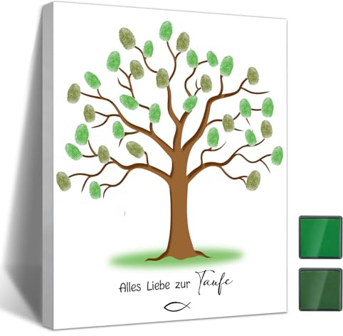 Nujuyg Taufe Fingerabdruck Gästebuch, Geschenk zur Taufe Junge Mädchen, Konfirmation Kommunion Gästebuch - Fingerabdruckbaum Leinwand und Stempel
