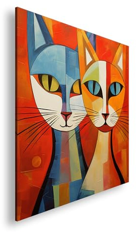 Farbenhorizont Leinwandbild Zwei Katzen in Harmonie, warm und verspielt – inspiriert von Picasso Format: 60x60cm XXL Wandbild auf Keilrahmen/Kunstdruck/Bild Wohnzimmer Dekoration
