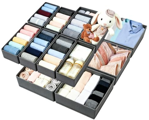 Guyisile Organizer Cassetti,14 Pezzi Divisori per Cassetti in Tessuto | Organizer Armadio,Scatole Portaoggetti Pieghevole per Abiti,Separatori per Biancheria Lntima,Reggiseni,Fazzoletti e Cravatte