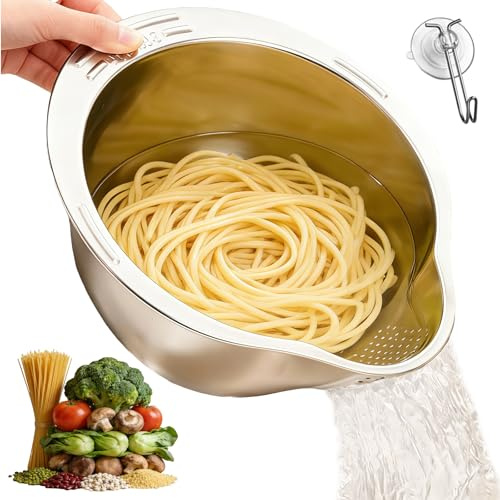 FAYHETG ris tvättskål risssil rostfritt stål 304 diameter 24 cm | Ristvätt skål inklusive sugkoppskrokar hög rang för grönsaker frukt samt för sköljning av risnudlar och potatis
