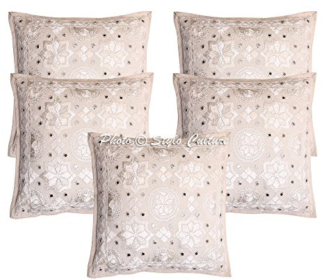 Stylo Culture Indio Fundas Almohadones Decorativa 40x40 cm Algodón Espejado Fundas De Cojines Silla Blanquecino 16x16 Inch Bordado Cuadrado sobre Fundas Cojines Sofa - 5 Pcs