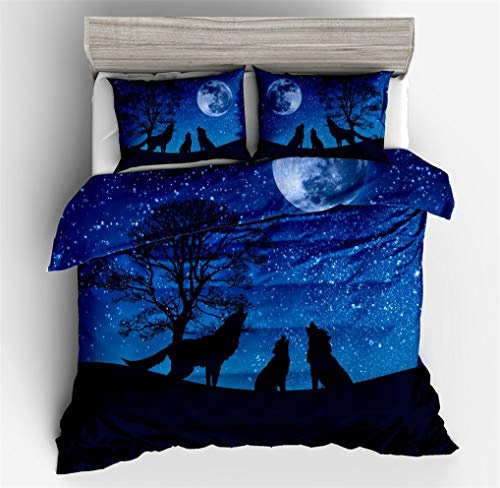 HNHDDZ 3D Animal Lobo Funda nórdica 150x220 Cama 90 cm Ropa de Cama Lobo Galaxia Cielo Estrellado Planeta Funda de edredón Niños Chico