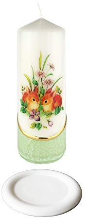 Meissner-Handel Auswahl * Osterkerze Stumpenkerze Osterdeko * 6 x 18 cm * inkl. Kerzenuntersetzer aus Keramik * mit farbigen Wachs- und Bildauflagen * Auswahl Motiv + Farbe * grün * (Motiv 013)
