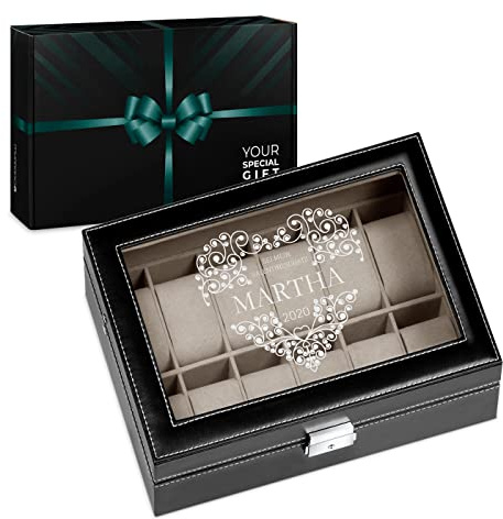 Maverton Uhrenbox mit Gravur für 12 Uhren - 30x20x8cm - Uhrenkasten aus Kunstleder - Schwarz - Geschenk für Damen - Herz