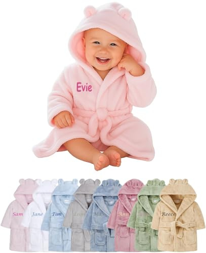 Hoolaroo Personalised Baby Dressing Gown Baby Dressing Gown Robe With Teddy Ears Bath Robe Towel Personalised Gifts Girl Boy Clothing Pink 6-12 Months