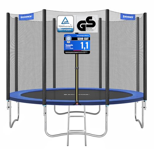 SONGMICS Cama Elástica, 366 cm, Trampolín para Niños con Red, Cojín de Seguridad, Escalera, Mástil Recto de 180 cm de Altura, Marco de Acero, Azul STR124V1