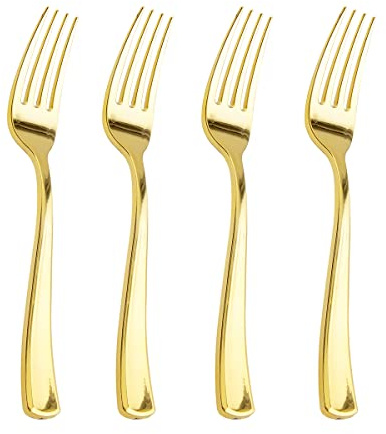 Liacere 200pcs Gold Plastic Forks - Heavyweight - 7.4 Inch Heavy Duty Forks - Gold Plastic Silverware Perfect For Parties & Weddings & Restaurants & New Year And Daily Using&Christmas&New Year