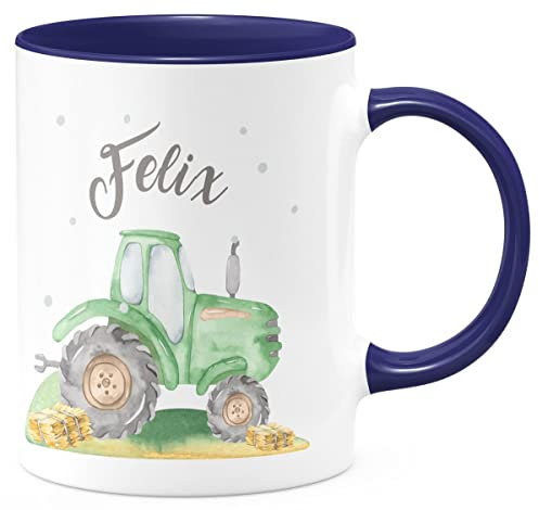 miKalino Keramiktasse Jungs - weiße Keramiktasse Kinder personalisiert - bedruckte Kindertasse mit Traktor Motiv - Kindertasse mit Namen - Geschenk Keramiktasse