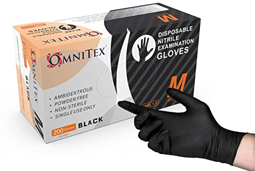 Omnitex Box 200 Premium Disposable Black Nitrile Gloves | Powder Free | Latex Free | Ambidextrous | Food Safe | EN455 EN374 EN420 | CE & UKCA Cat3 grade (Medium)