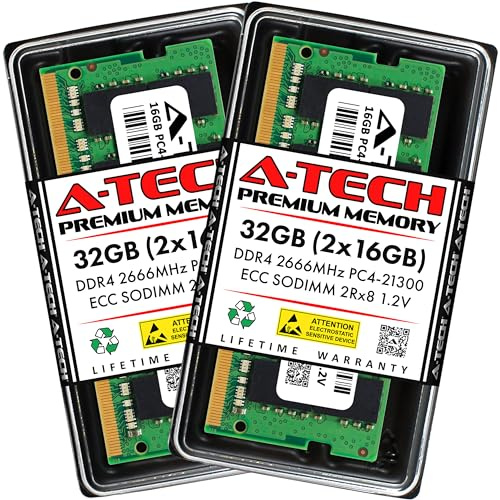 A-Tech 32GB Kit (2x16GB) DDR4 2666MHz PC4-21300 ECC SODIMM 2Rx8 Dual Rank 1.2V 260-Pin RAM Memory Upgrade Modules for Microserver, Workstation, and Networking Platforms