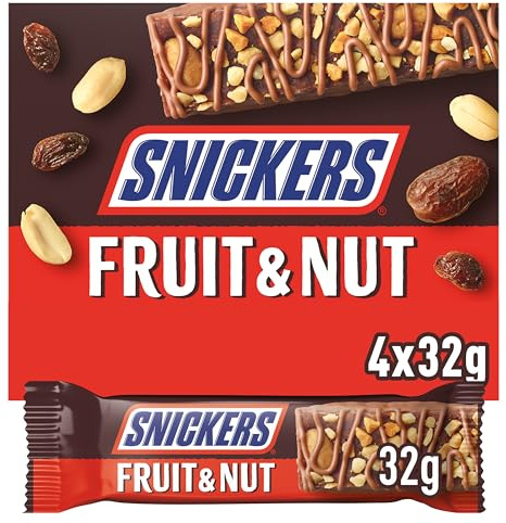 Snickers Fruit & Nut Milk Chocolate Snack Bars Multipack, 4 x 32g, Individually Wrapped Snack with Raisins & Peanuts, Ideal for On-the-Go Energy, Lunchbox & Office Treats
