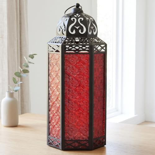 Vela Lanterns Decorative Indoor Candle Holder Table Centerpieces - Moroccan Hanging Outdoor Patio & Porch Home Decor, Turkish Floor Lamp for Wedding, Ramadan (Extra Large 16, Red Glass)