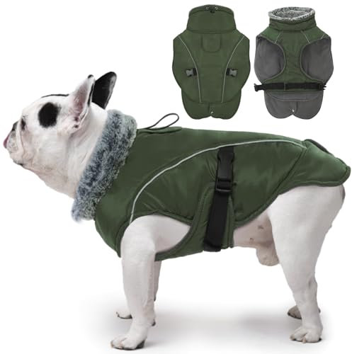 DENTRUN Hundemantel Wasserdicht und Warm, Hundemantel Fleece, Hunde Fleecejacke, Wasserdicht Wintermantel Hund mit Fleece Gefütterte, Hundemantel für Französische Bulldogge(Armeegrün,L)