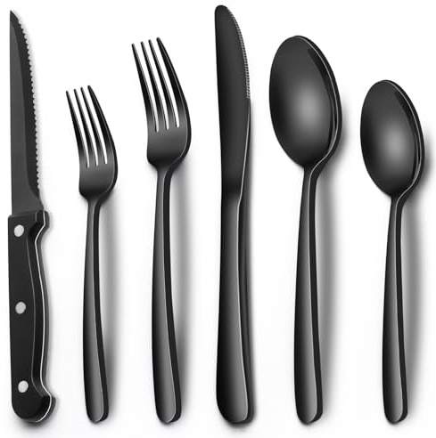 EWFEN 24-Piece Black Silverware Set with Steak Knives, Black Flatware Set for 4, Food-Grade Stainless Steel Tableware Cutlery Set, Mirror Finished Utensil Sets for Home Restaurant, Heavy Duty