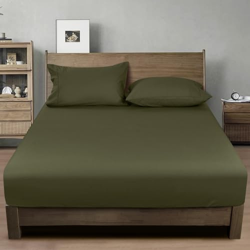 PHF 100% Garment Washed Cotton Fitted Sheet Twin Size - Cozy Cloud Soft Linen Like Bottom Sheet Only with Elastic Deep Pockets, Easy Fit Breathable Warm not Shrink,39x 75,Olive Green,No Pillowcase