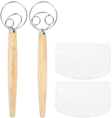 Fouet à Pâte Danois, Agitateur de Farine, Outil en Caoutchouc et Bois, Poignée de Grattoir, Outil de Grattage de Style Néerlandais (1 oeil et 2 yeux fouets et un grattoir)