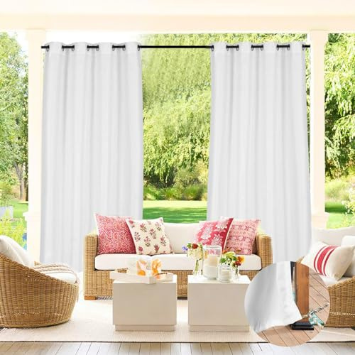 Qelus Wetterfest Outdoor Vorhang, 2er Set Nicht Transparent Outdoorvorhänge Wasserdicht mit Ösen, Dekoschal Sonnenschutz Sichtschutz für Balkon Garten Terrasse Pavillon, B132xH244cm, Weiß
