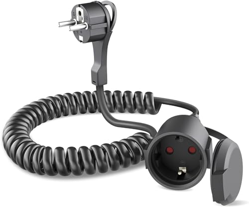 Cavo di prolunga a spirale, nero, con contatto di protezione, cavo a spirale, estensibile da 8 m Max, IP20, cavo a spirale, protezione (250 V/13 A, nero)