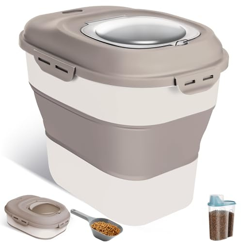 ANVS Dog Food Storage Container - Collapsible Dog Food Container with Airtight Lids, Scoop and 2.5L Small Pet Food Storage Container Dry Food For Dog, Cat and Other Pet Food (Khaki, 30 lbs)