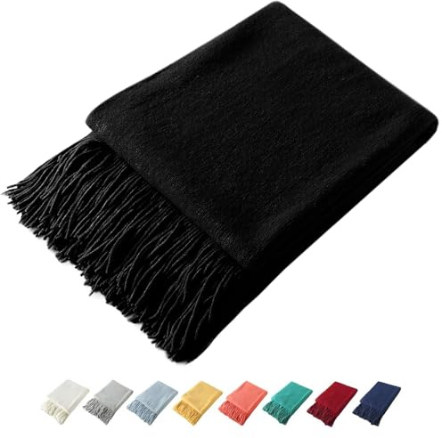 Homiest Dekorative gestrickte Überwurfdecke mit Fransen, Leichter Acryl-Strick, weiche Quasten-Decke für Couch, Sofa, Bett (Schwarz, 127 x 152,4 cm)