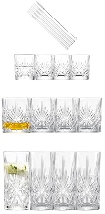 Schott Zwiesel Barset Show (17 Teile) | 4 Longdrink-, 4 Whisky- & 4 Schnapsgläser mit Relieff, 4 Halme & 1 Baumwollbürste, Spülmaschinenfeste Kristallgläser
