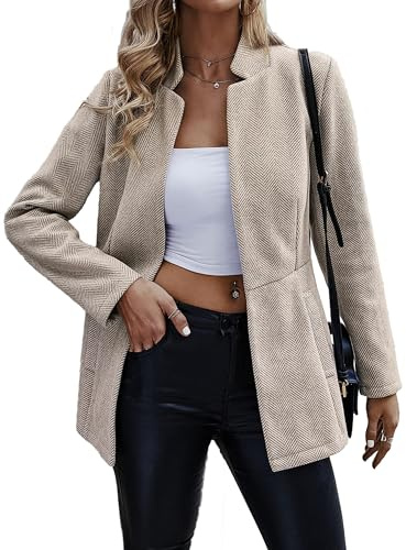 Jhsnjnr Dam öppen fram elegant kavaj långärmad ståkrage varm lång kavaj rock business tweed kostym jacka, Aprikos, M