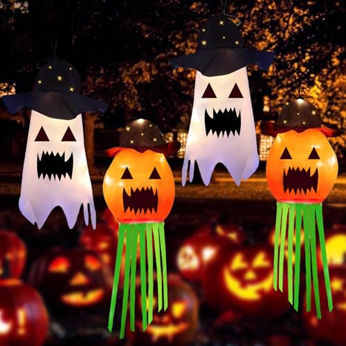 4 Stück Halloween Windsäcke, Halloween Deko Outdoor Kürbisse Geist Windsack, Halloween Hängende Geist Windsäcke Mit Warmweißen LED für Zuhause,Terrasse,Rasen,Garten,Outdoor Veranda Dekoration