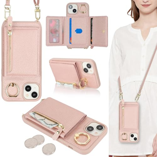 ELTEKER Cover compatibile con iPhone 15 con Cordino Tracolla, Custodia in Pelle per iPhone 15 con Porta Carte Portafoglio [Cinghia regolabile] [Slot per schede] - oro rosa