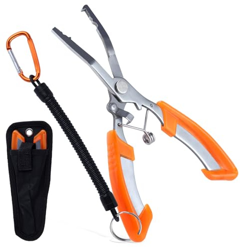 INJOYTEC Bent Nose Fishing Pliers Bent Nose Stainless Steel Hook Remover Bent nose pliers Curved Jaw Stainless Steel With Non-Slip Grip Multi-purpose Fishing Pliers with Black Storage Bag